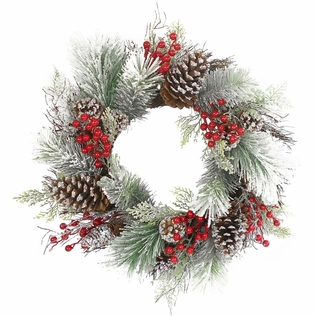 Fraser Hill Farm 24-In. Frosted Pine Wreath With Red Berries And Pinecones 1 Fraser Hill Farm 24-In. Frosted Pine Wreath With Red Berries And Pinecones