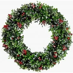 Fraser Hill Farm 20-In. Frosted Faux Boxwood Wreath With Red Berries