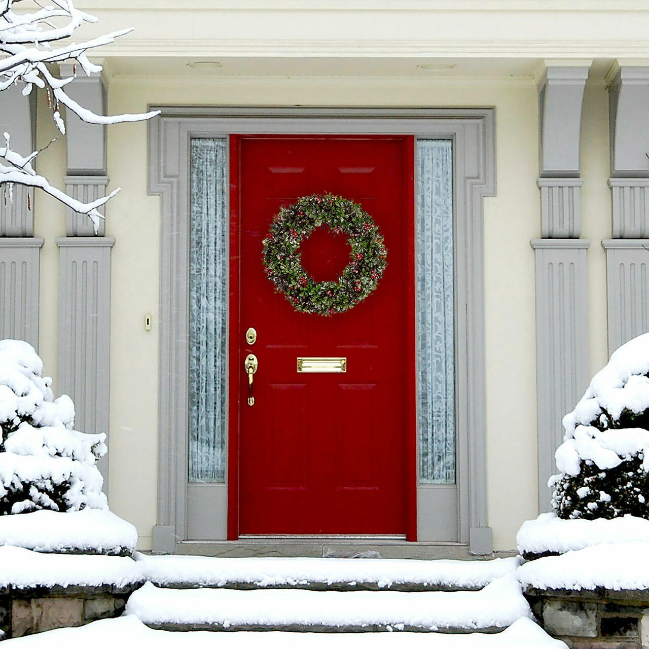 Fraser Hill Farm 20-In. Frosted Faux Boxwood Wreath With Red Berries 2 Fraser Hill Farm 20-In. Frosted Faux Boxwood Wreath With Red Berries - Image 2