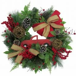 Fraser Hill Farm 24-in. Christmas Wreath W/ Pinecones, Burlap Bows And Wooden Truck Decoration