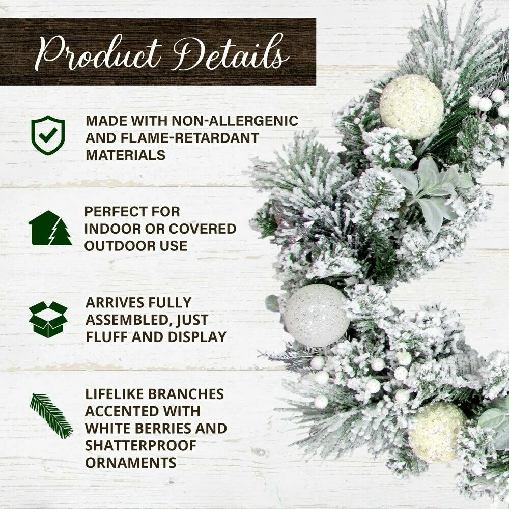 Fraser Hill Farm 24-in. Christmas Snow Covered Wreath W/ Glitter Ornaments, Leaves And Berries 2 Fraser Hill Farm 24-in. Christmas Snow Covered Wreath W/ Glitter Ornaments, Leaves And Berries - Image 2