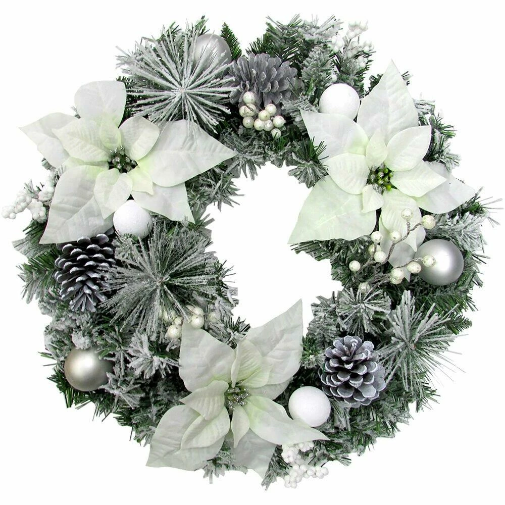 Fraser Hill Farm 24-in. Christmas Frost Covered Wreath W/ White Poinsettia Blooms, Ornaments And Pinecones 1 Fraser Hill Farm 24-in. Christmas Frost Covered Wreath W/ White Poinsettia Blooms, Ornaments And Pinecones