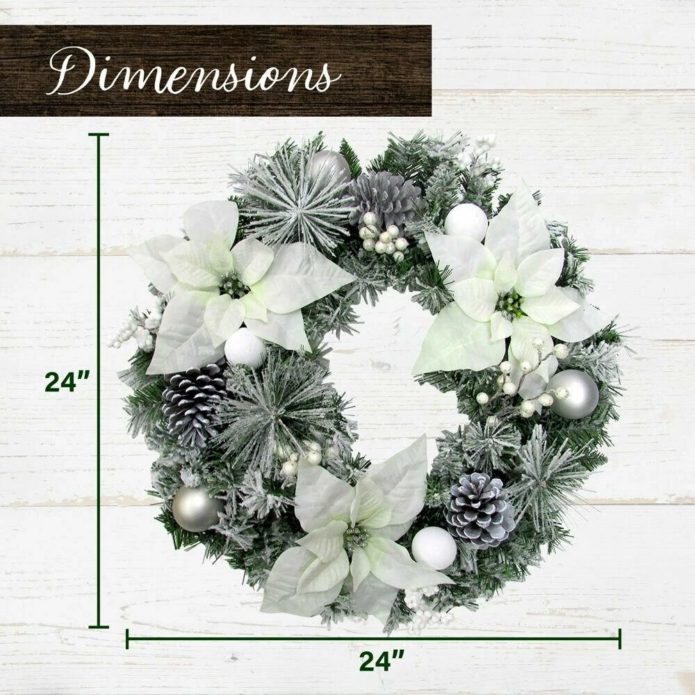 Fraser Hill Farm 24-in. Christmas Frost Covered Wreath W/ White Poinsettia Blooms, Ornaments And Pinecones 3 Fraser Hill Farm 24-in. Christmas Frost Covered Wreath W/ White Poinsettia Blooms, Ornaments And Pinecones - Image 3