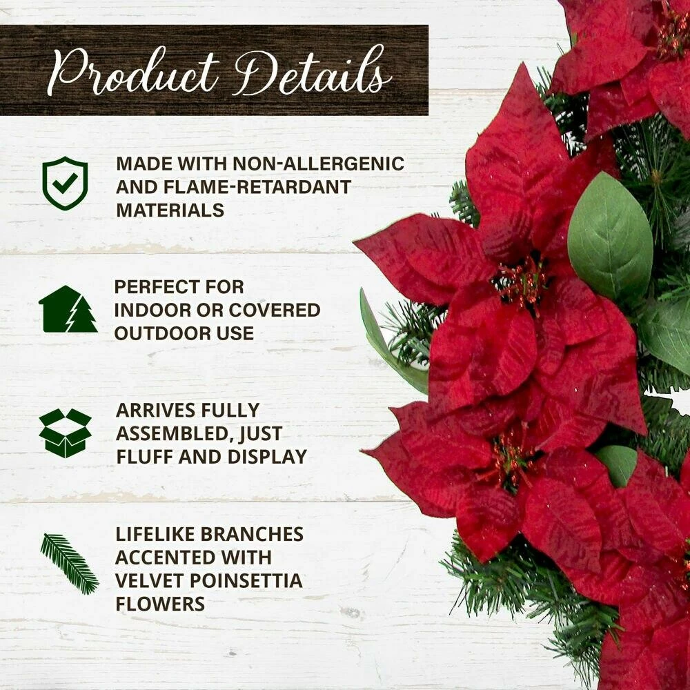 Fraser Hill Farm 24-in. Christmas Wreath With Velvet Poinsettia Blooms And Leaves 2 Fraser Hill Farm 24-in. Christmas Wreath With Velvet Poinsettia Blooms And Leaves - Image 2