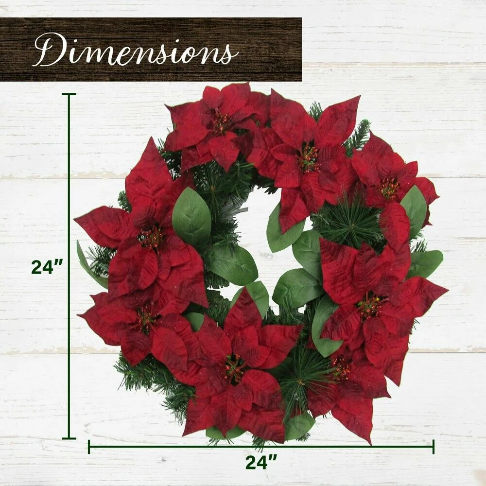Fraser Hill Farm 24-in. Christmas Wreath With Velvet Poinsettia Blooms And Leaves 3 Fraser Hill Farm 24-in. Christmas Wreath With Velvet Poinsettia Blooms And Leaves - Image 3
