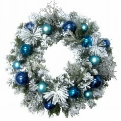 Fraser Hill Farm 24-in. Christmas Snow Covered Wreath With Multi-Hued Blue Ornaments