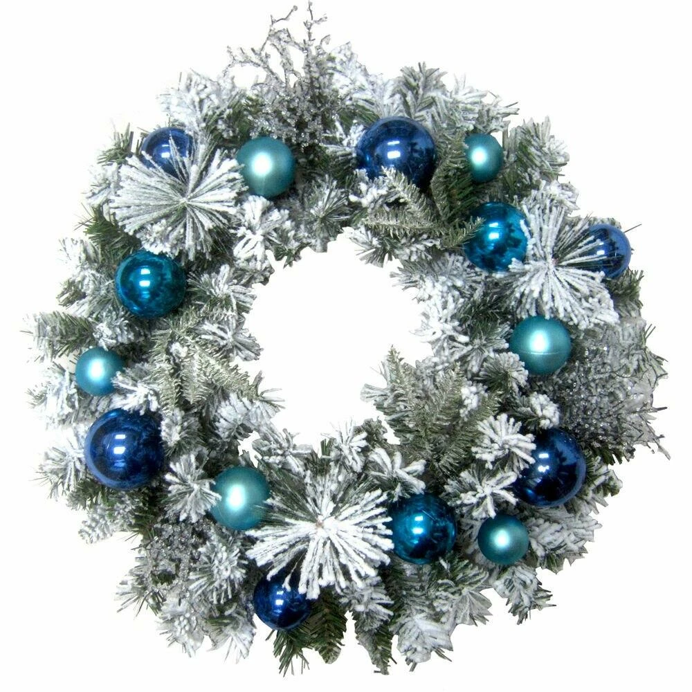 Fraser Hill Farm 24-in. Christmas Snow Covered Wreath With Multi-Hued Blue Ornaments 1 Fraser Hill Farm 24-in. Christmas Snow Covered Wreath With Multi-Hued Blue Ornaments
