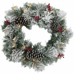 Fraser Hill Farm 24-in. Christmas Snow Covered Wreath W/ Pinecones And Berries, Various Lighting Options
