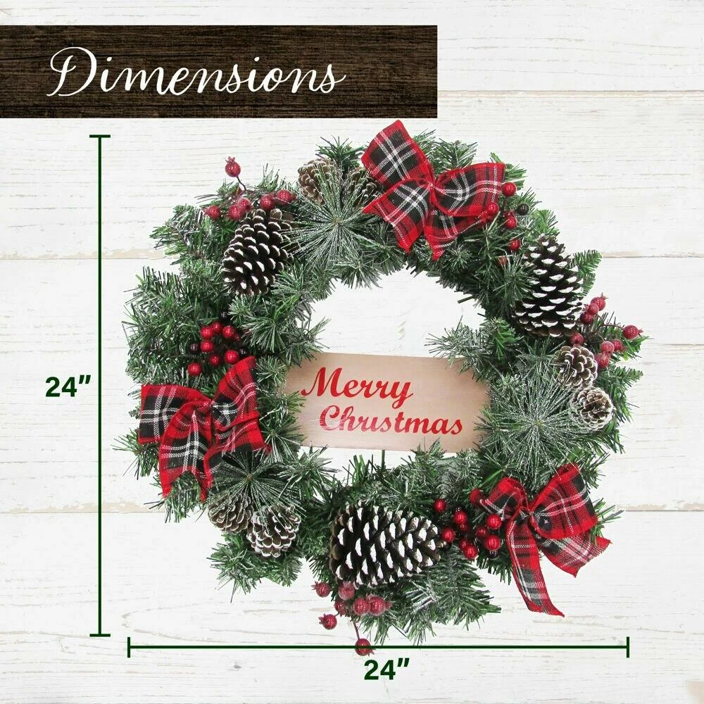 Fraser Hill Farm 24-in. Christmas Frosted Wreath With Pinecones, Berries And Plaid Bows 3 Fraser Hill Farm 24-in. Christmas Frosted Wreath With Pinecones, Berries And Plaid Bows - Image 3