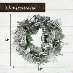 Fraser Hill Farm 24-in. Christmas Snow Flocked Wreath W/ Pinecones, Black & White Buffalo Check Bow -Christmas store unnamed file 862