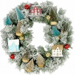 Fraser Hill Farm 24-in. Christmas Snowy Wreath Door Hanging W/ Ornaments, Wood Houses, Trees