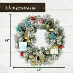 Fraser Hill Farm 24-in. Christmas Snowy Wreath Door Hanging W/ Ornaments, Wood Houses, Trees -Christmas store unnamed file 882
