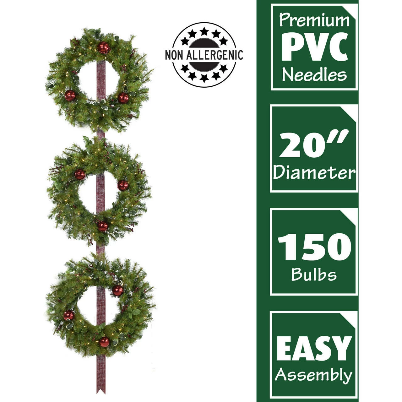 Fraser Hill Farm Set Of 3 Holly Berry 20" Wreaths W/ Ornaments, 150 Battery-Operated LED Lights For Displays 5 Fraser Hill Farm Set Of 3 Holly Berry 20" Wreaths W/ Ornaments, 150 Battery-Operated LED Lights For Displays - Image 5