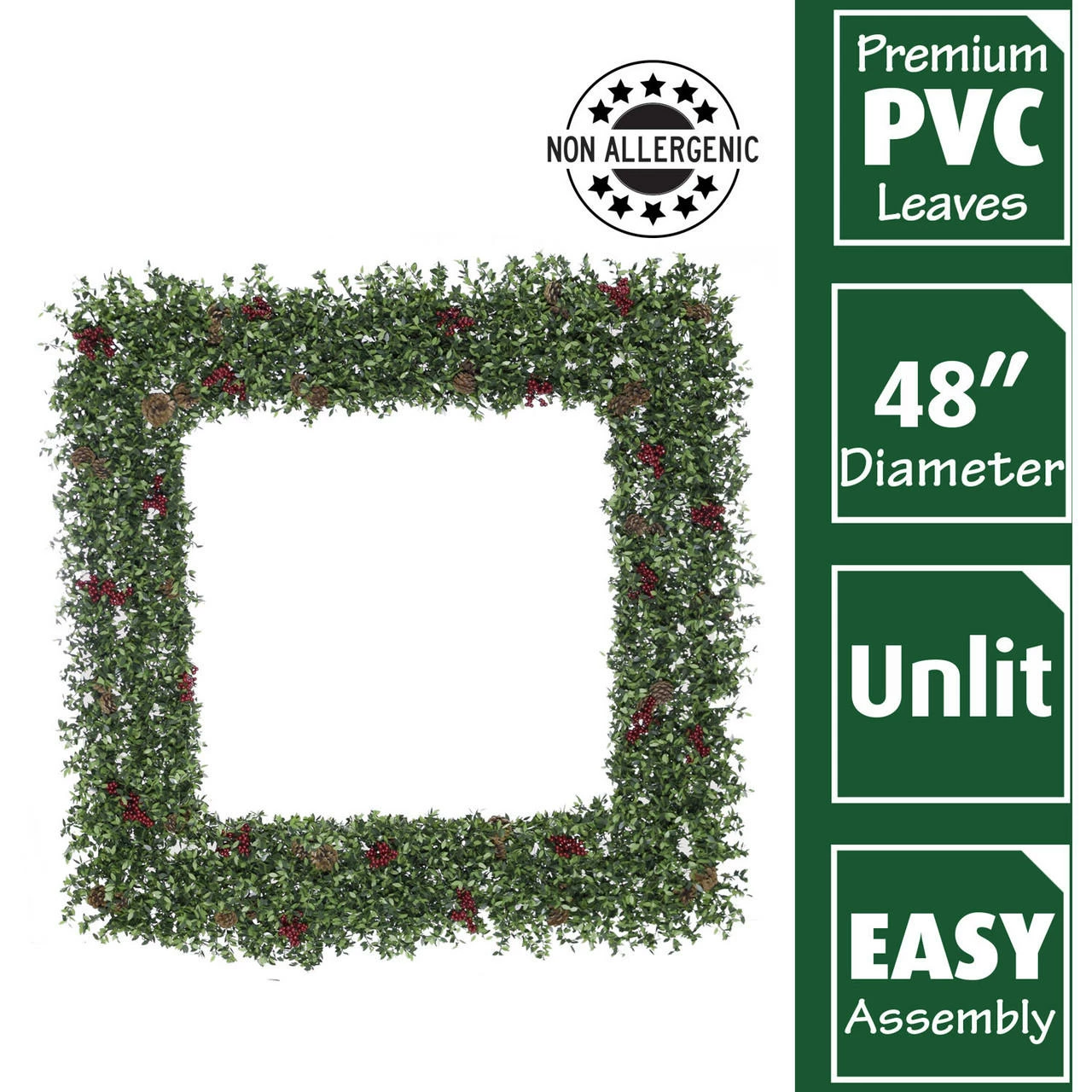 Fraser Hill Farm 48" Evergreen Berry Green Oversized Square Wreath W/ Pine Cones And Berries 4 Fraser Hill Farm 48" Evergreen Berry Green Oversized Square Wreath W/ Pine Cones And Berries - Image 4