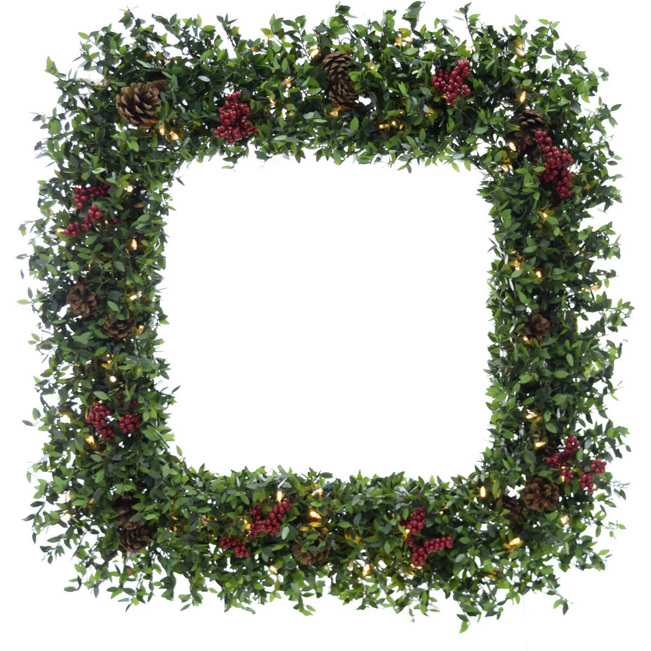 Fraser Hill Farm 36" Evergreen Berry Green Prelit Oversized Square Wreath W/ Pine Cones, Berries, Warm White LEDs 1 Fraser Hill Farm 36" Evergreen Berry Green Prelit Oversized Square Wreath W/ Pine Cones, Berries, Warm White LEDs
