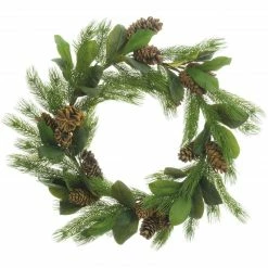 Fraser Hill Farm 34" Round Christmas Green Pine Wreath Trimmed W/ Magnolia Leaves, Pine Cones